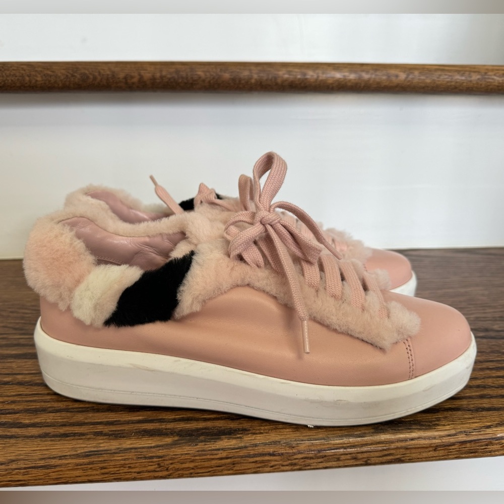 Pre owned Prada Shearling-Trimmed Sneakers in Pink Leather size 37.5